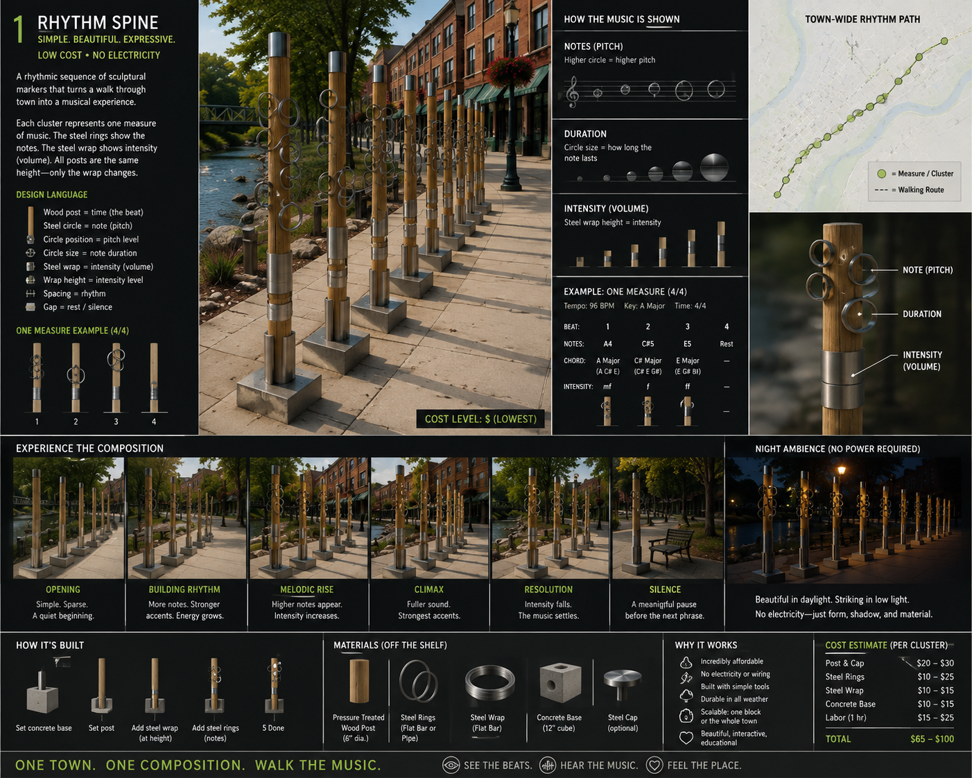 Public artwork using repeated elements to suggest musical rhythm
