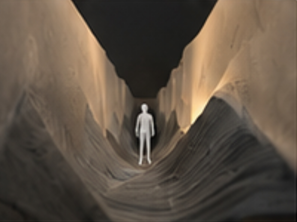 Human figure between tall rippling walls in a Groove Canyon concept