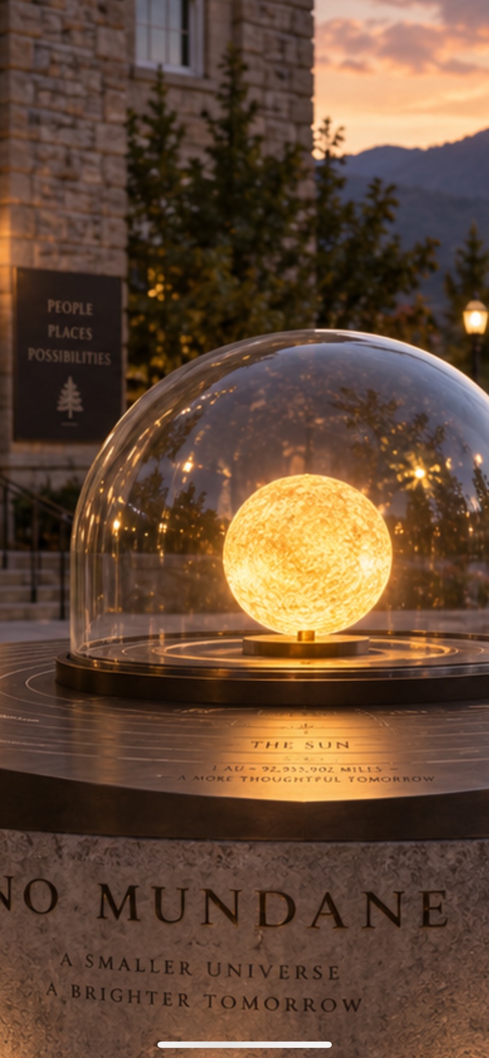 Glowing model Sun beneath a glass dome on a public stone pedestal at dusk